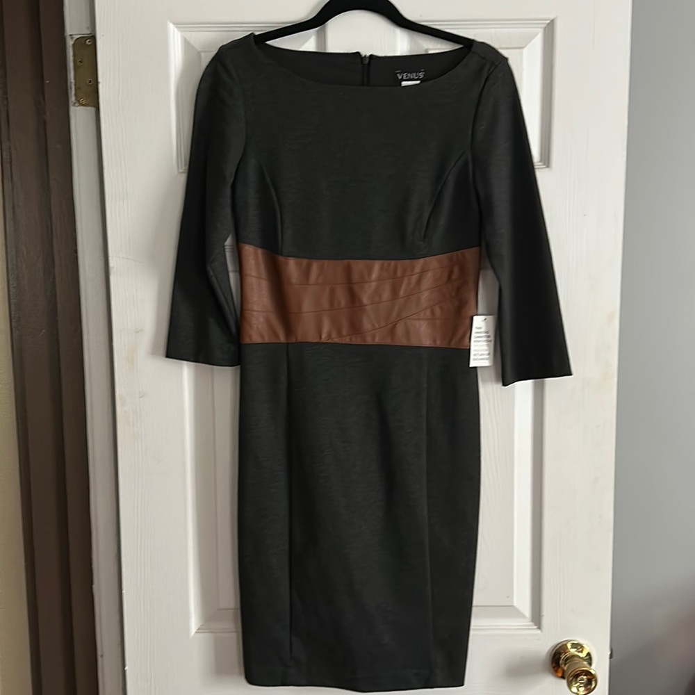 Venus Bodycon Belted Midi Dress in Grey and Cognac